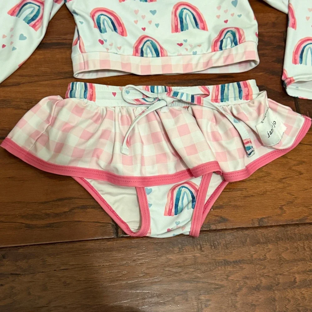 Jane +‎ Jo Girls 4T Rainbow Heart Long Sleeve Rash Guard Bikini Set Whimsical